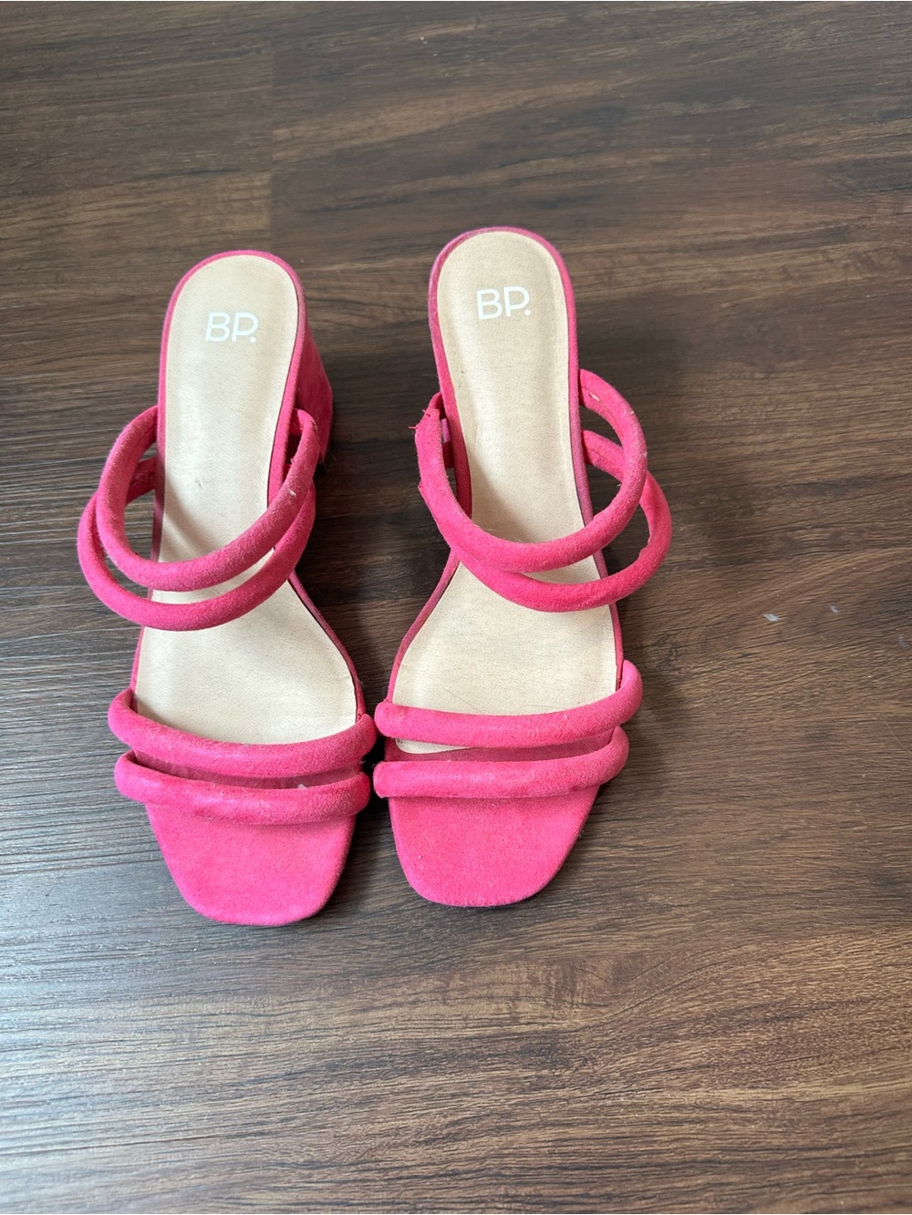 bp Pink Triple-Strap Suede Slide Heels